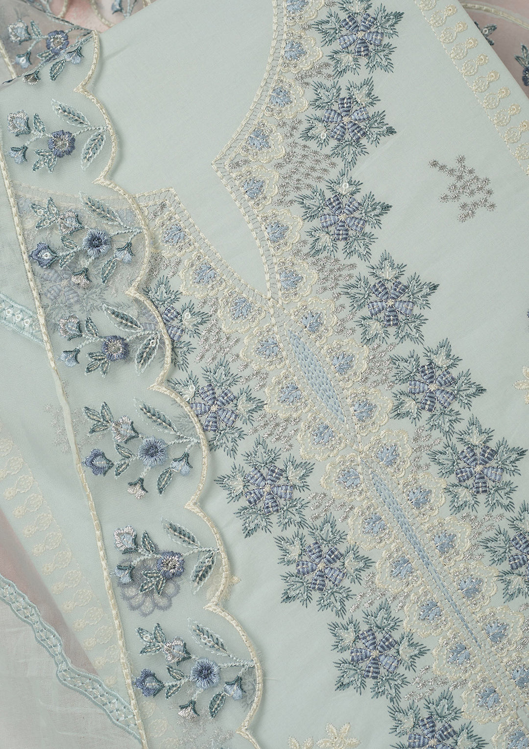 Sky Blue Cotton Threadwork Unstitched Dress Material With Matching Bottom And Dupatta