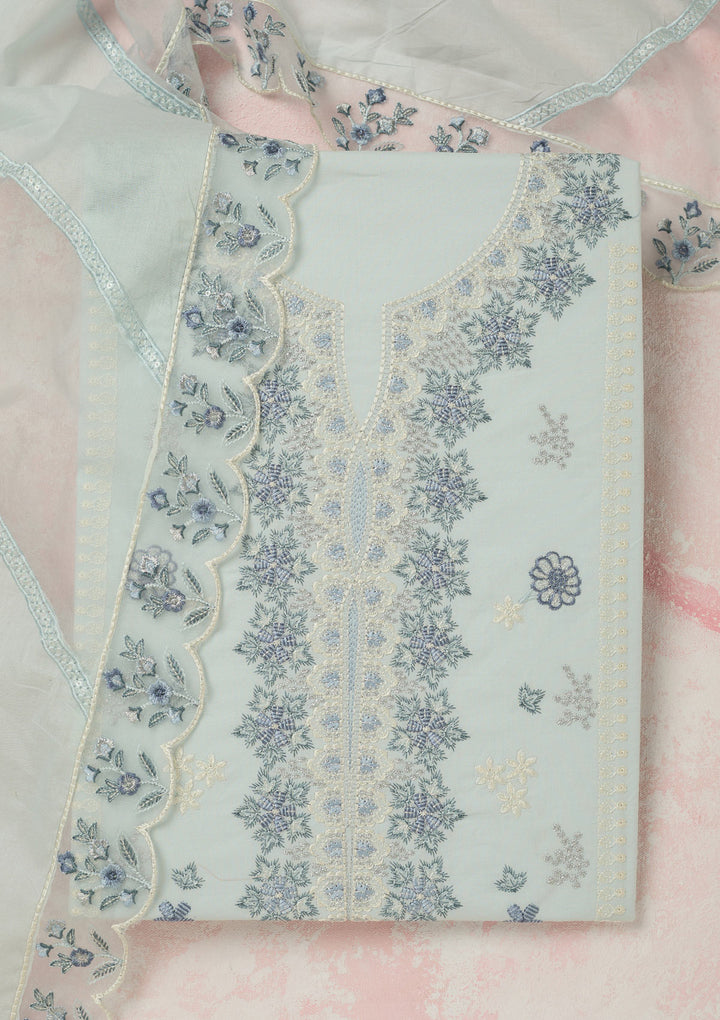 Sky Blue Cotton Threadwork Unstitched Dress Material With Matching Bottom And Dupatta