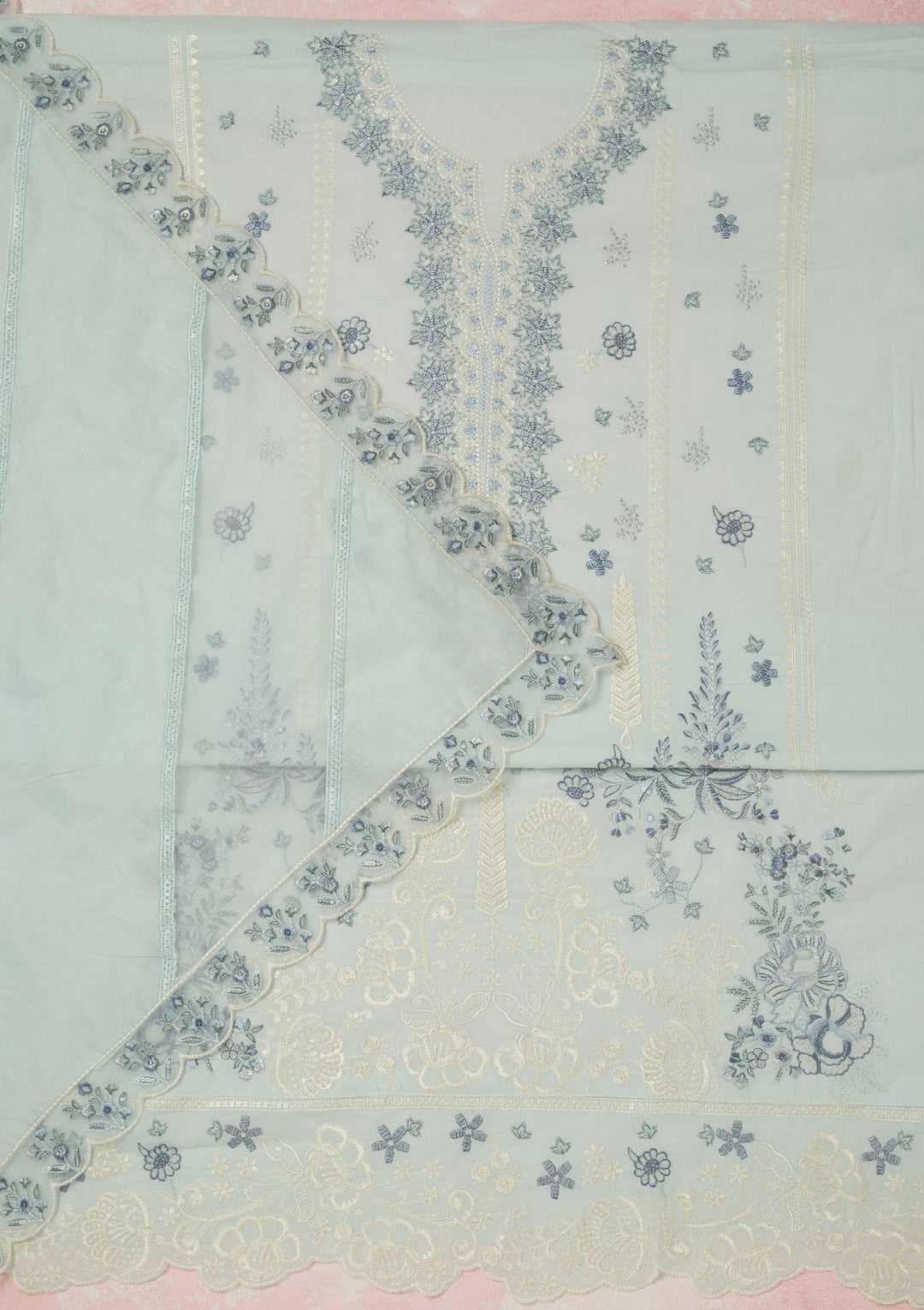 Sky Blue Cotton Threadwork Unstitched Dress Material With Matching Bottom And Dupatta