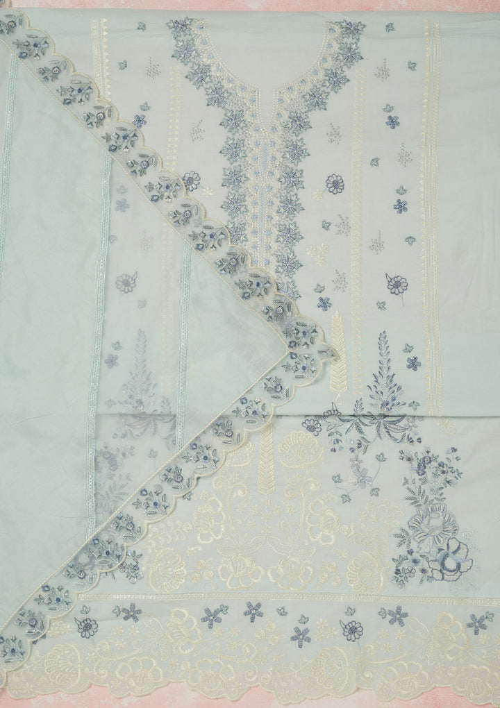 Sky Blue Cotton Threadwork Unstitched Dress Material With Matching Bottom And Dupatta