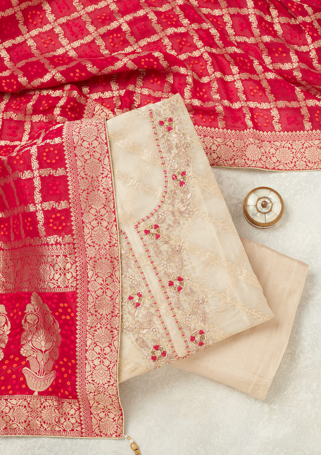 Beige Magenta Pink Chanderi Gold Zardozi Work Unstitched Dress Material With Matching Bottom And Dupatta