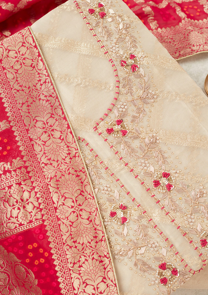 Beige Magenta Pink Chanderi Gold Zardozi Work Unstitched Dress Material With Matching Bottom And Dupatta