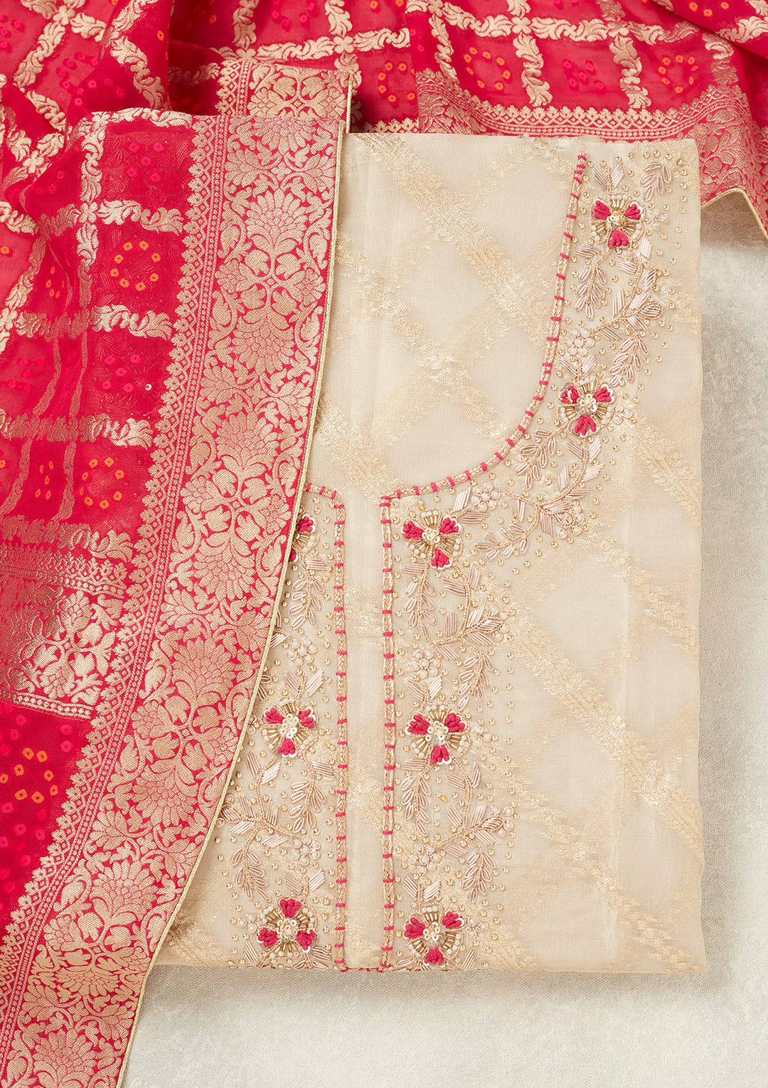 Beige Magenta Pink Chanderi Gold Zardozi Work Unstitched Dress Material With Matching Bottom And Dupatta