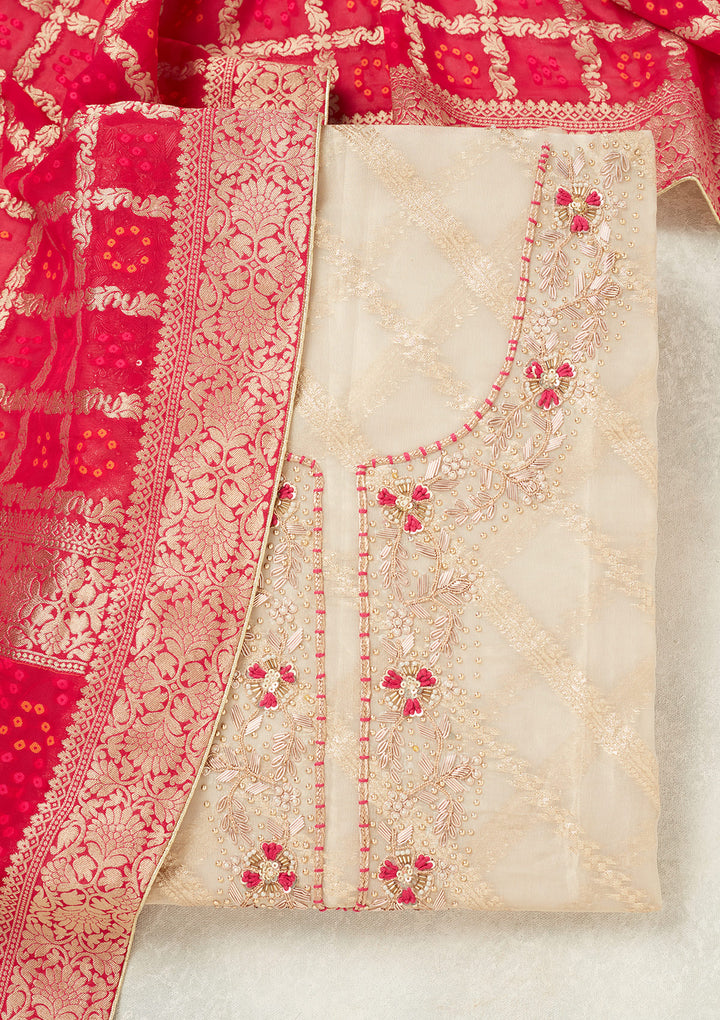 Beige Magenta Pink Chanderi Gold Zardozi Work Unstitched Dress Material With Matching Bottom And Dupatta