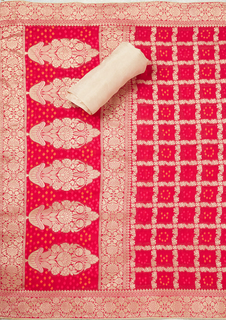 Beige Magenta Pink Chanderi Gold Zardozi Work Unstitched Dress Material With Matching Bottom And Dupatta
