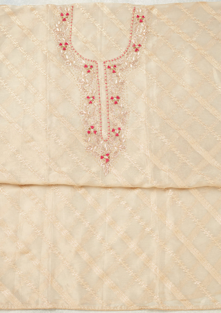 Beige Magenta Pink Chanderi Gold Zardozi Work Unstitched Dress Material With Matching Bottom And Dupatta