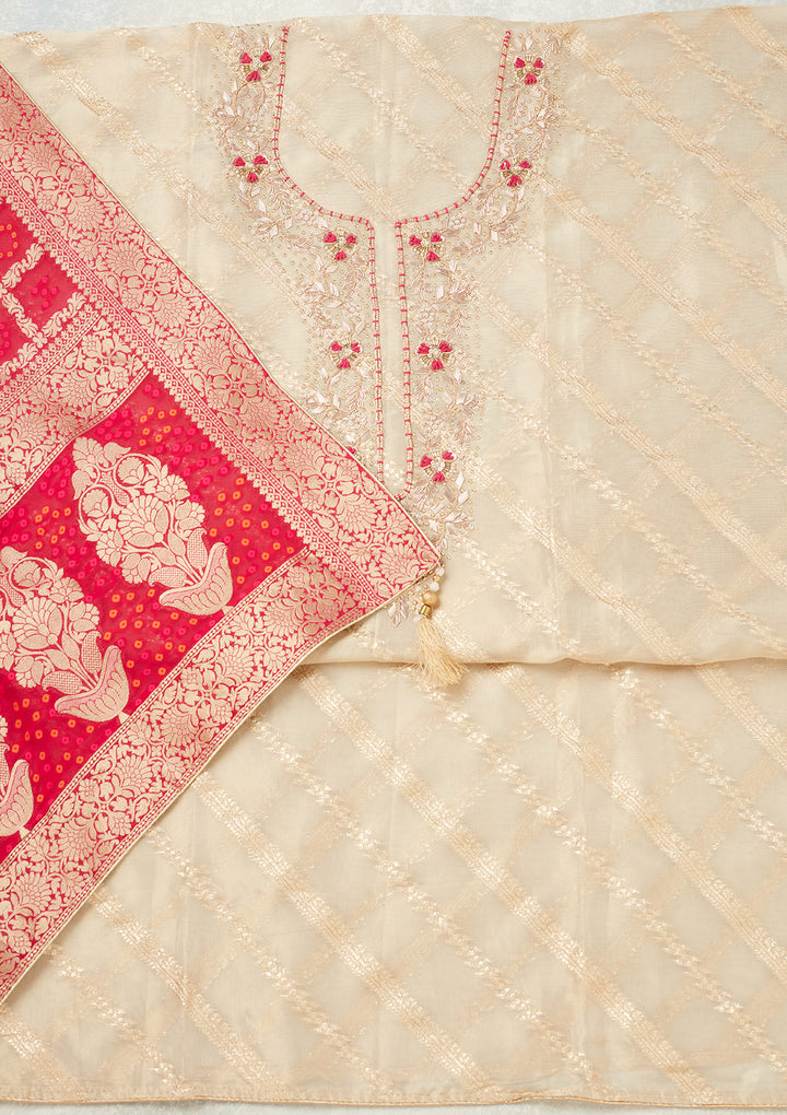 Beige Magenta Pink Chanderi Gold Zardozi Work Unstitched Dress Material With Matching Bottom And Dupatta