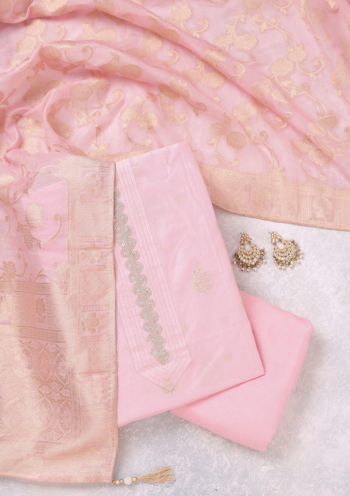 Baby Pink Chanderi Gold Zariwork Unstitched Dress Material With Matching Bottom And Dupatta