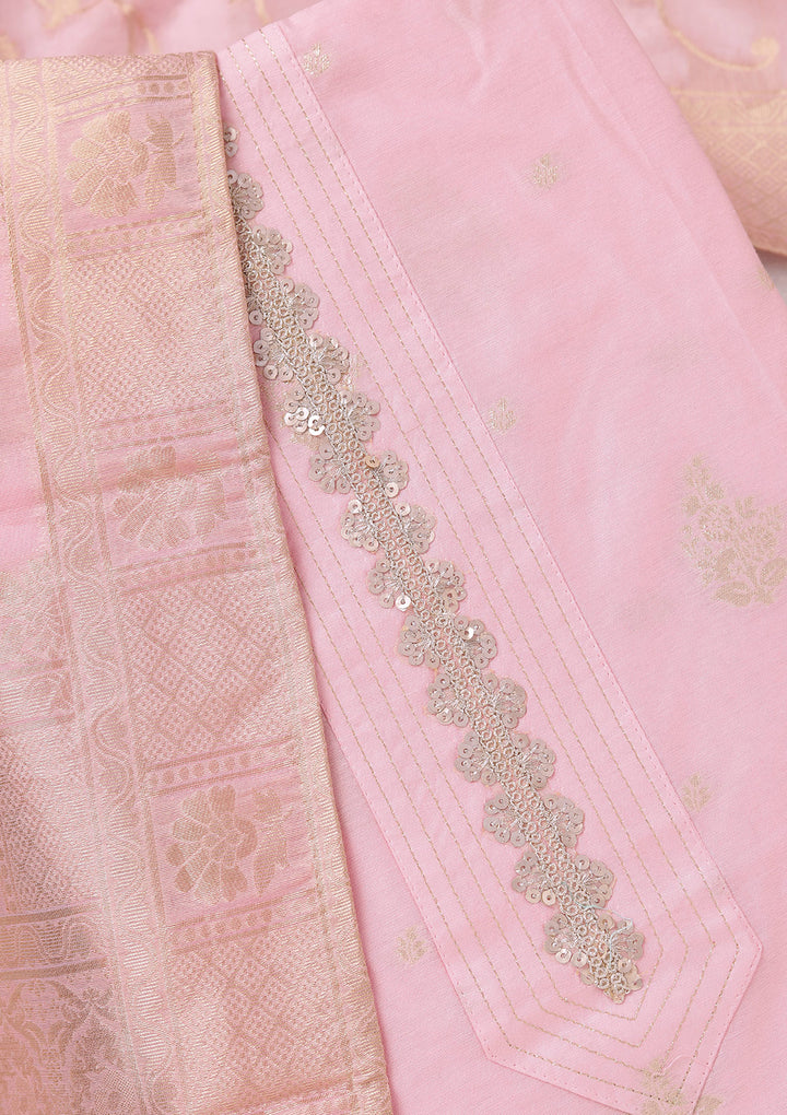 Baby Pink Chanderi Gold Zariwork Unstitched Dress Material With Matching Bottom And Dupatta
