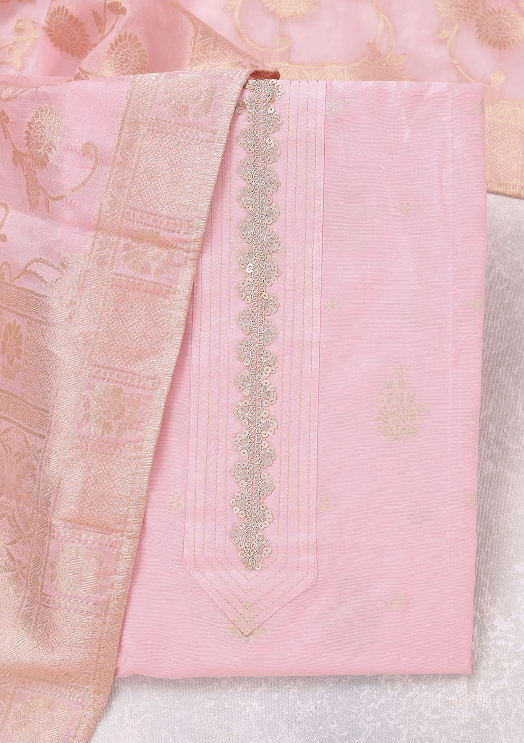 Baby Pink Chanderi Gold Zariwork Unstitched Dress Material With Matching Bottom And Dupatta
