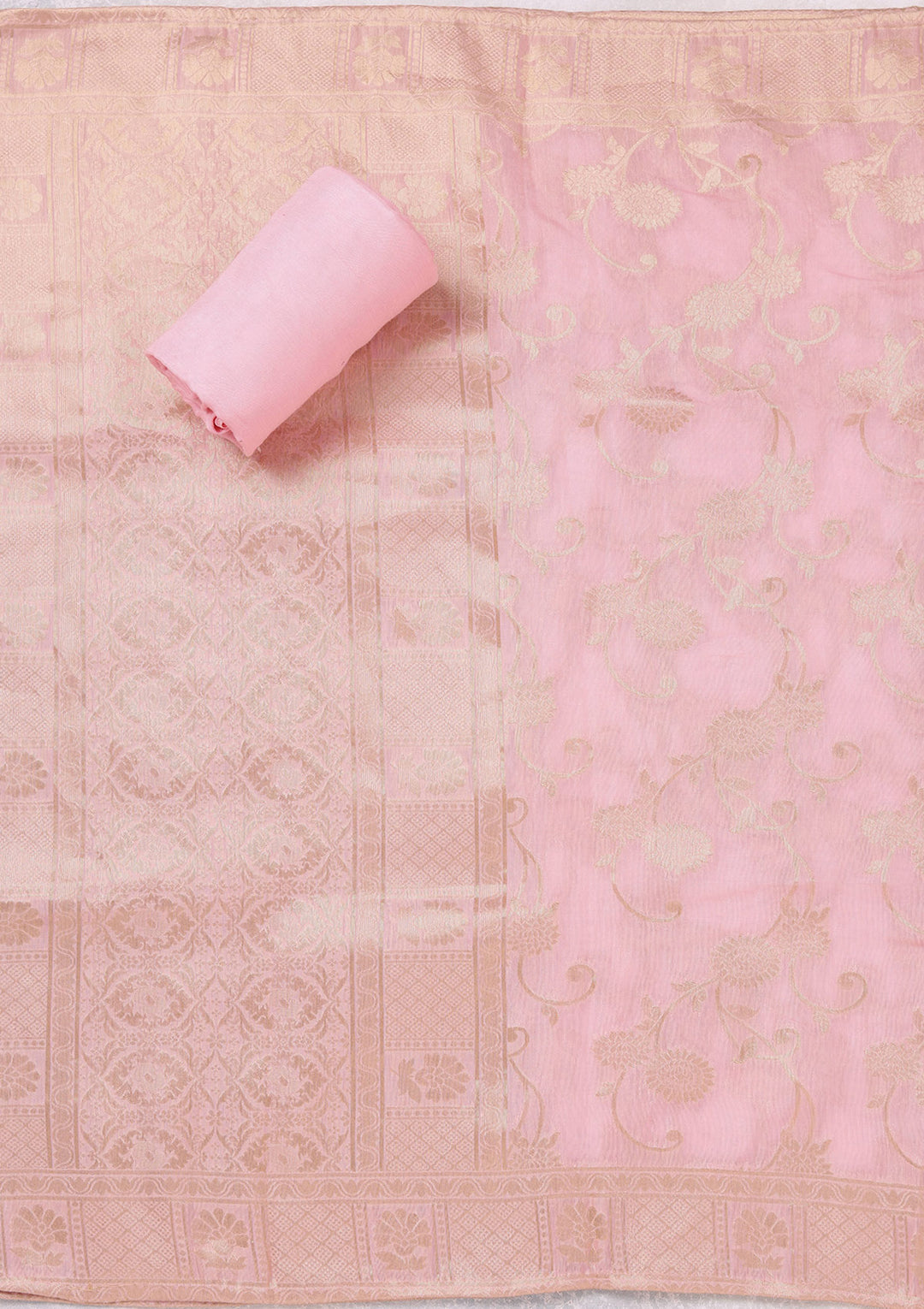 Baby Pink Chanderi Gold Zariwork Unstitched Dress Material With Matching Bottom And Dupatta