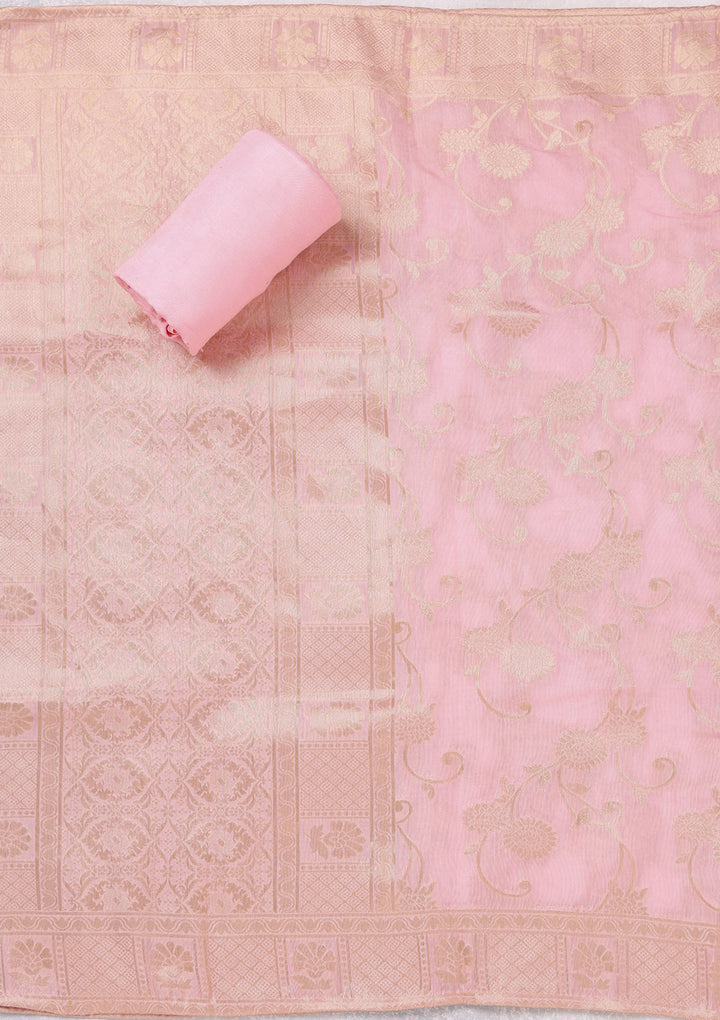 Baby Pink Chanderi Gold Zariwork Unstitched Dress Material With Matching Bottom And Dupatta