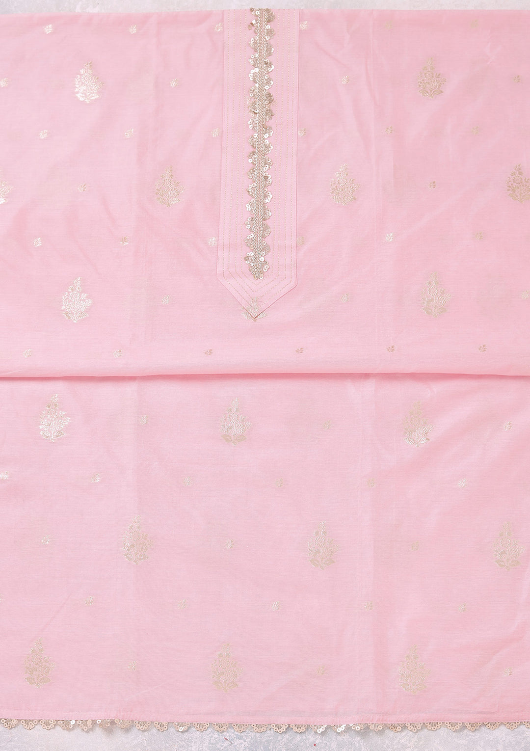 Baby Pink Chanderi Gold Zariwork Unstitched Dress Material With Matching Bottom And Dupatta