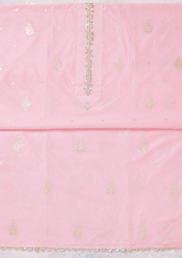Baby Pink Chanderi Gold Zariwork Unstitched Dress Material With Matching Bottom And Dupatta