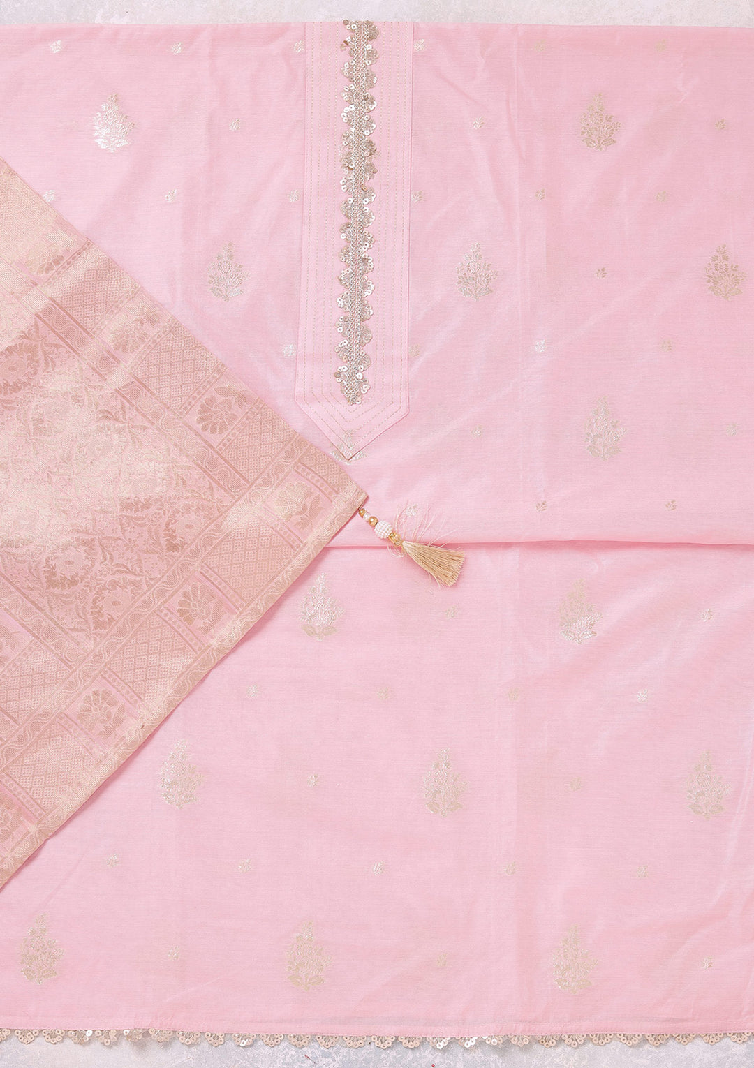 Baby Pink Chanderi Gold Zariwork Unstitched Dress Material With Matching Bottom And Dupatta