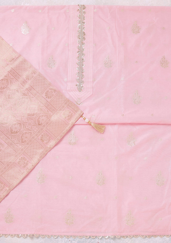 Baby Pink Chanderi Gold Zariwork Unstitched Dress Material With Matching Bottom And Dupatta