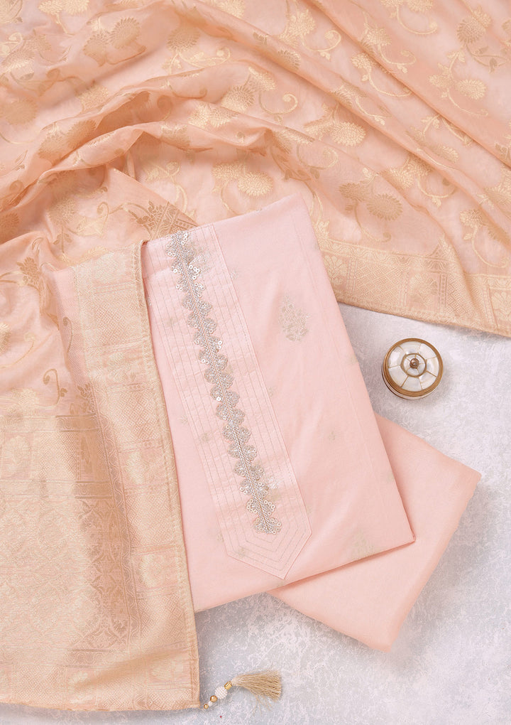 Peach Chanderi Gold Zariwork Unstitched Dress Material With Matching Bottom And Dupatta