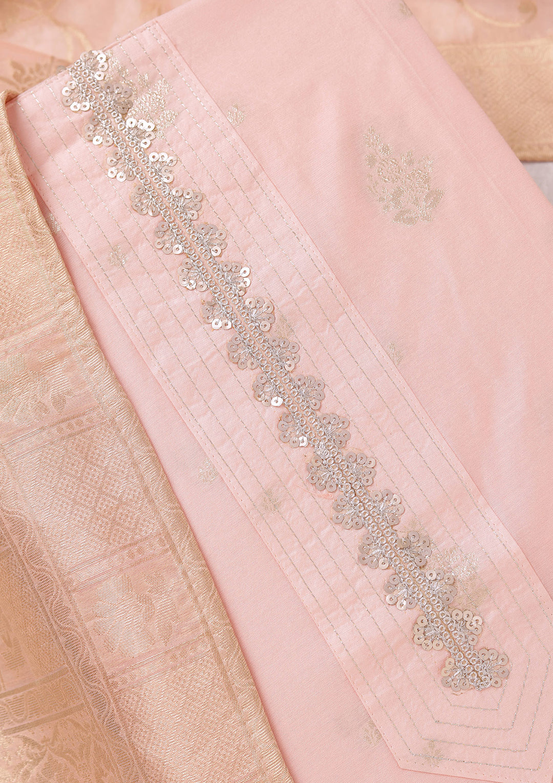 Peach Chanderi Gold Zariwork Unstitched Dress Material With Matching Bottom And Dupatta