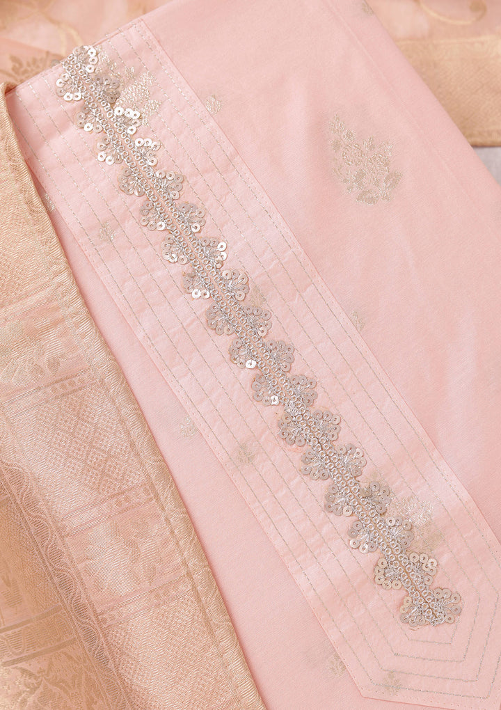 Peach Chanderi Gold Zariwork Unstitched Dress Material With Matching Bottom And Dupatta