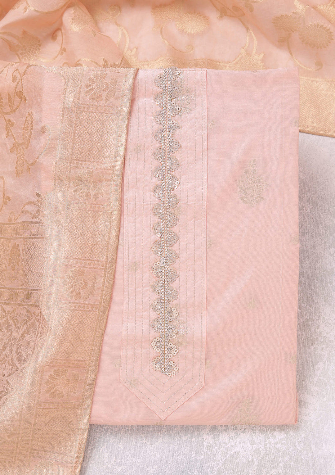 Peach Chanderi Gold Zariwork Unstitched Dress Material With Matching Bottom And Dupatta