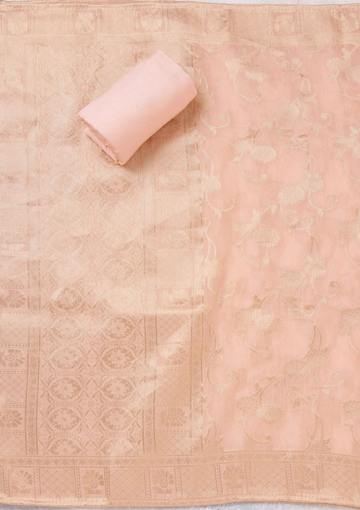 Peach Chanderi Gold Zariwork Unstitched Dress Material With Matching Bottom And Dupatta