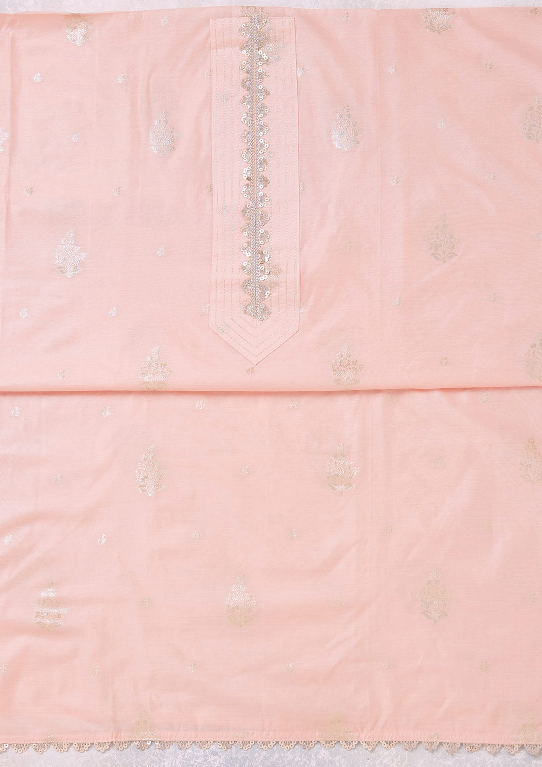Peach Chanderi Gold Zariwork Unstitched Dress Material With Matching Bottom And Dupatta