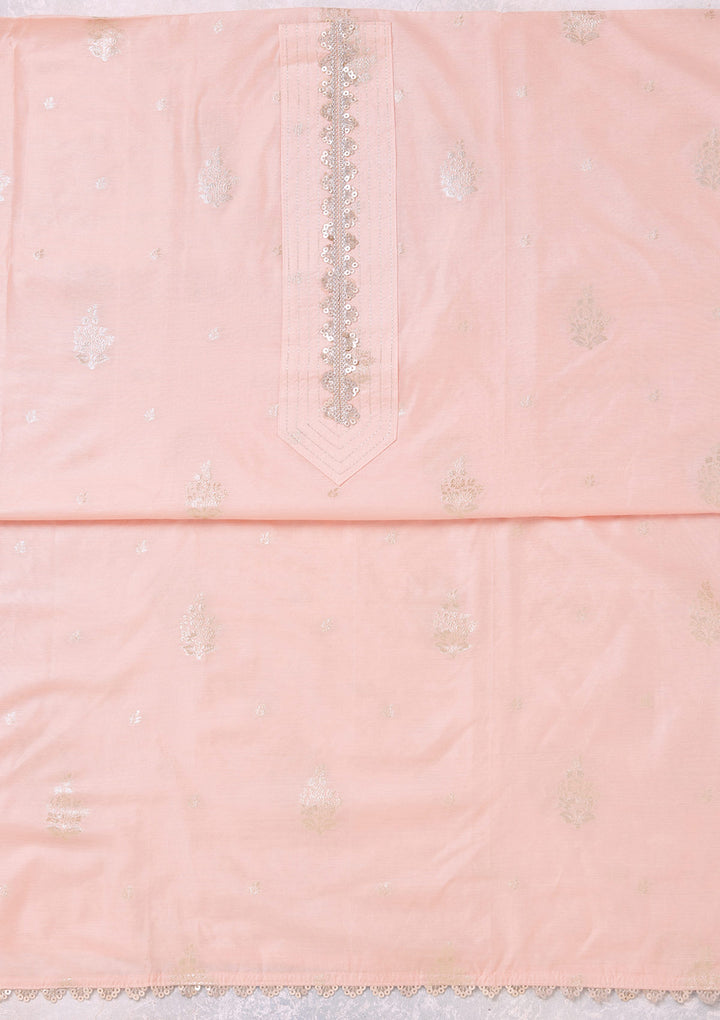 Peach Chanderi Gold Zariwork Unstitched Dress Material With Matching Bottom And Dupatta
