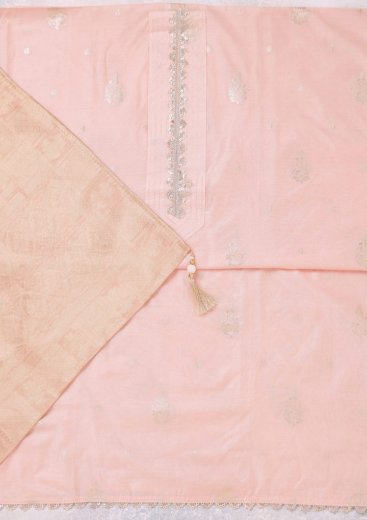 Peach Chanderi Gold Zariwork Unstitched Dress Material With Matching Bottom And Dupatta