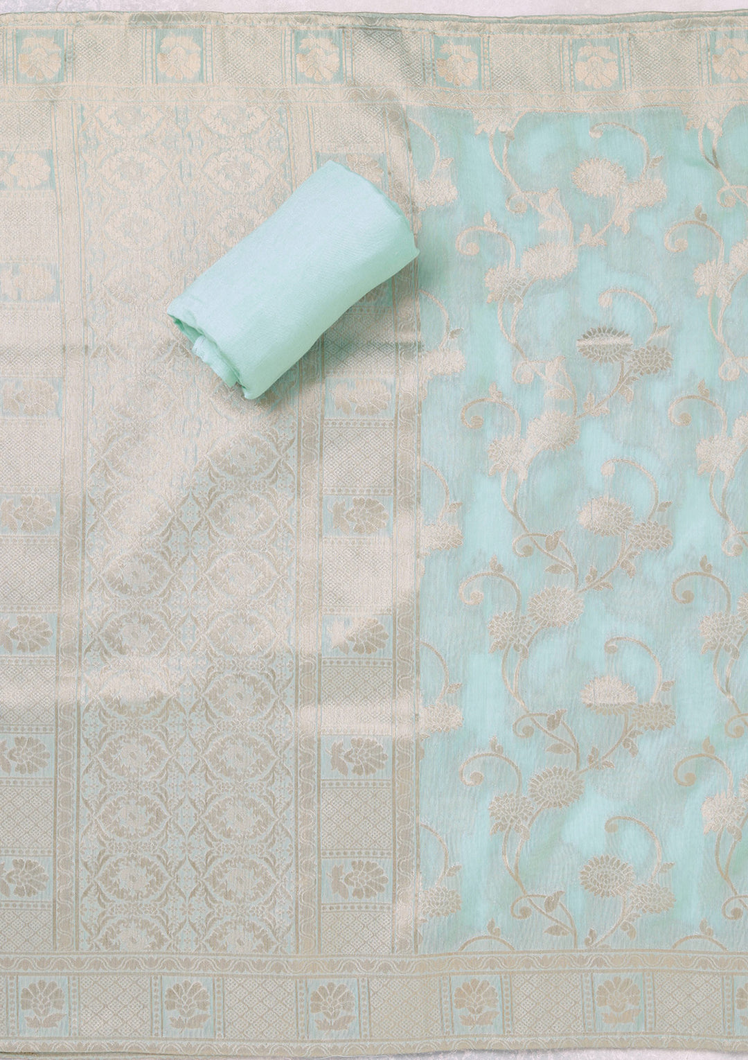 Sea Green Chanderi Gold Zariwork Unstitched Dress Material With Matching Bottom And Dupatta