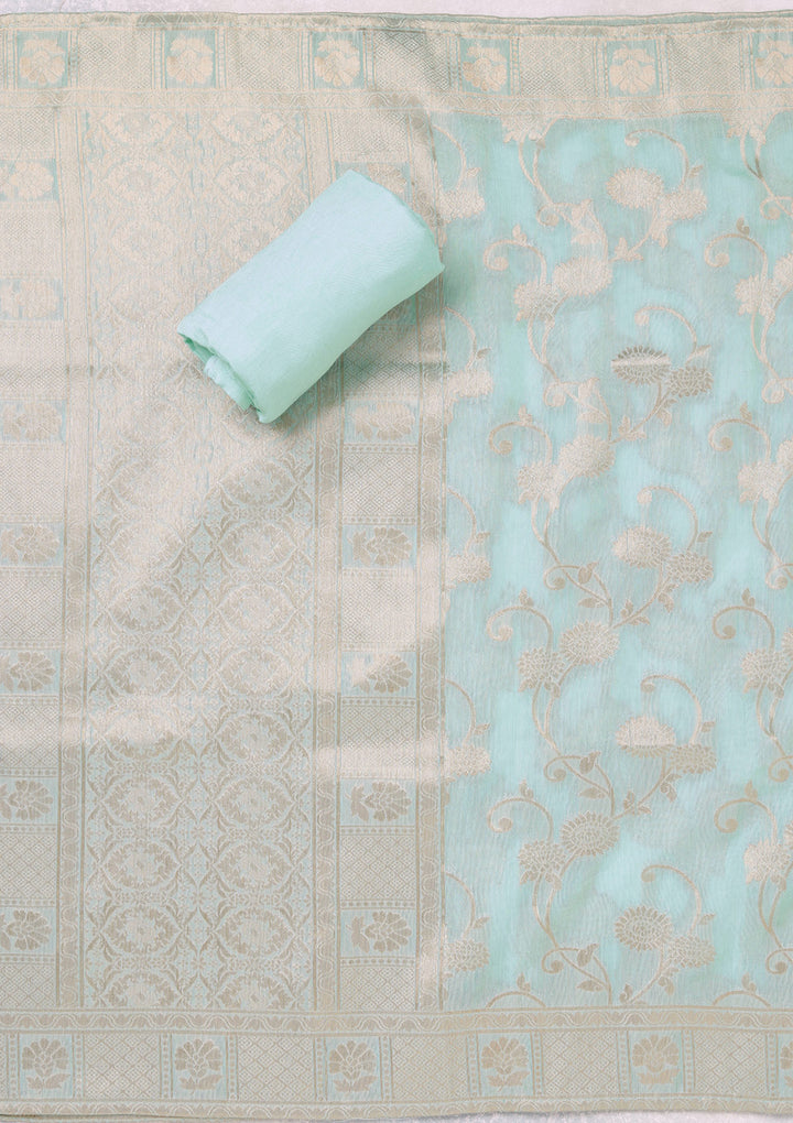 Sea Green Chanderi Gold Zariwork Unstitched Dress Material With Matching Bottom And Dupatta