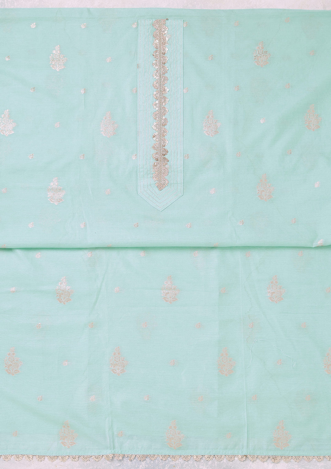 Sea Green Chanderi Gold Zariwork Unstitched Dress Material With Matching Bottom And Dupatta