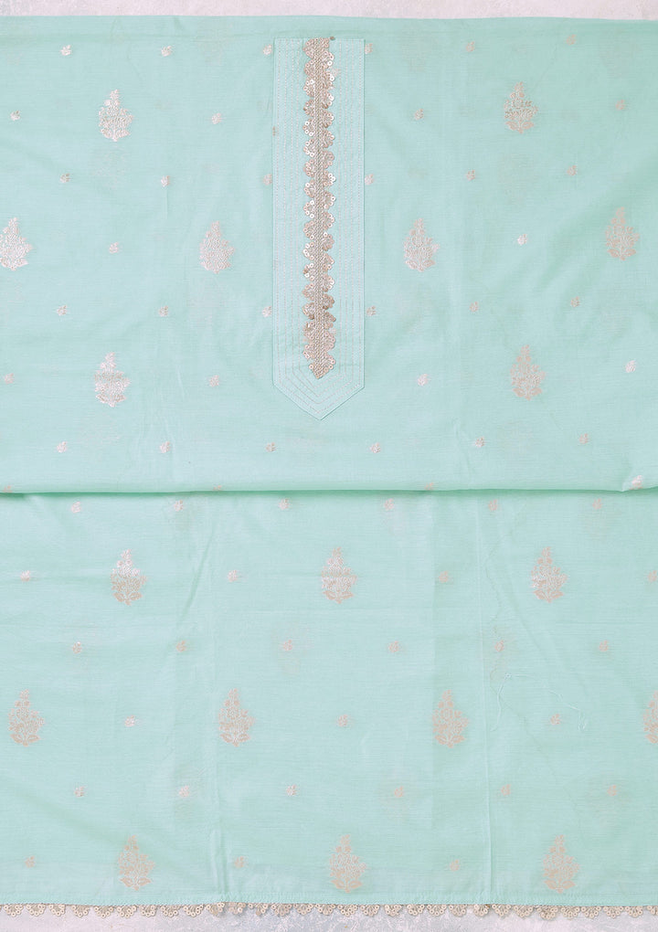 Sea Green Chanderi Gold Zariwork Unstitched Dress Material With Matching Bottom And Dupatta