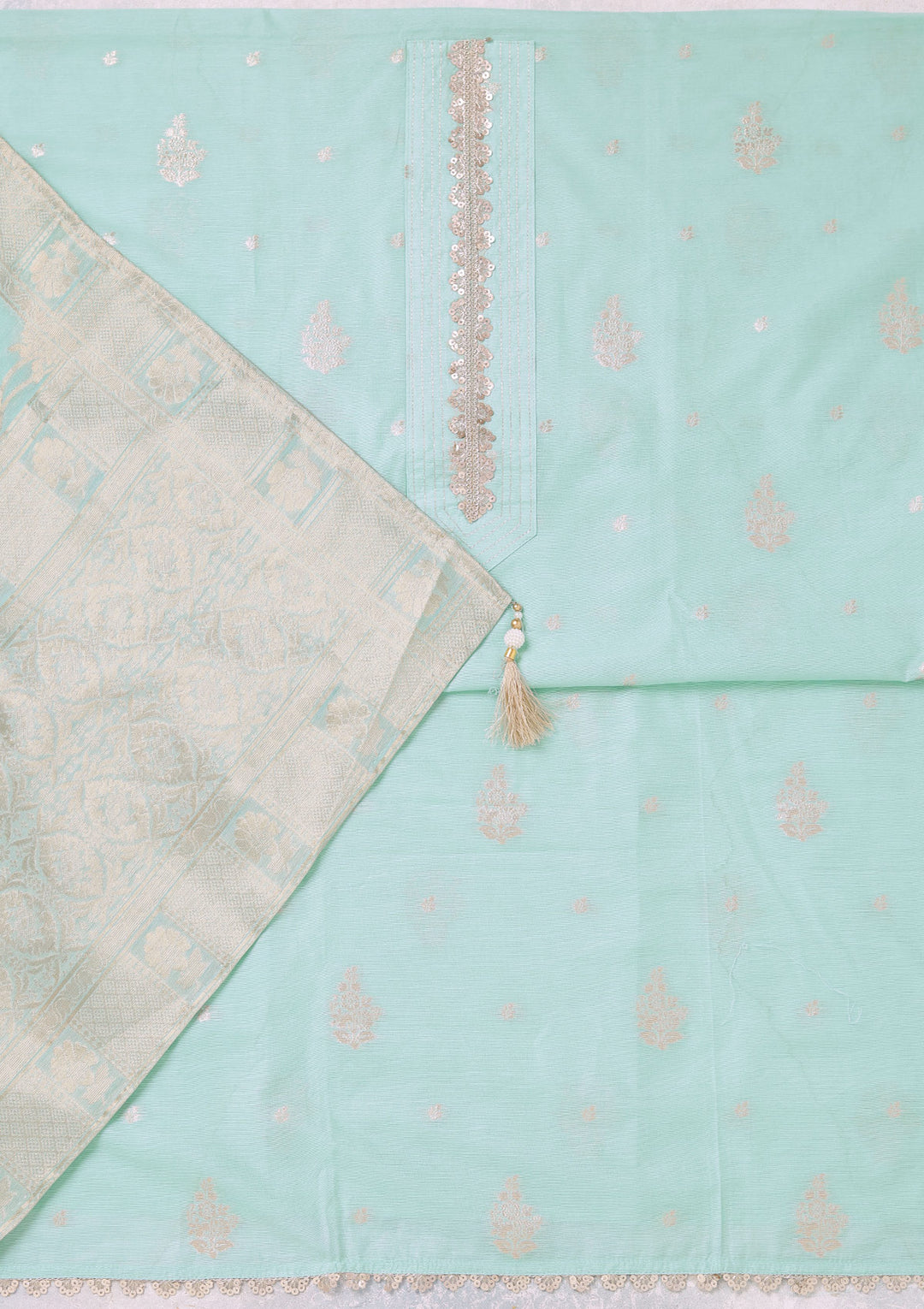 Sea Green Chanderi Gold Zariwork Unstitched Dress Material With Matching Bottom And Dupatta
