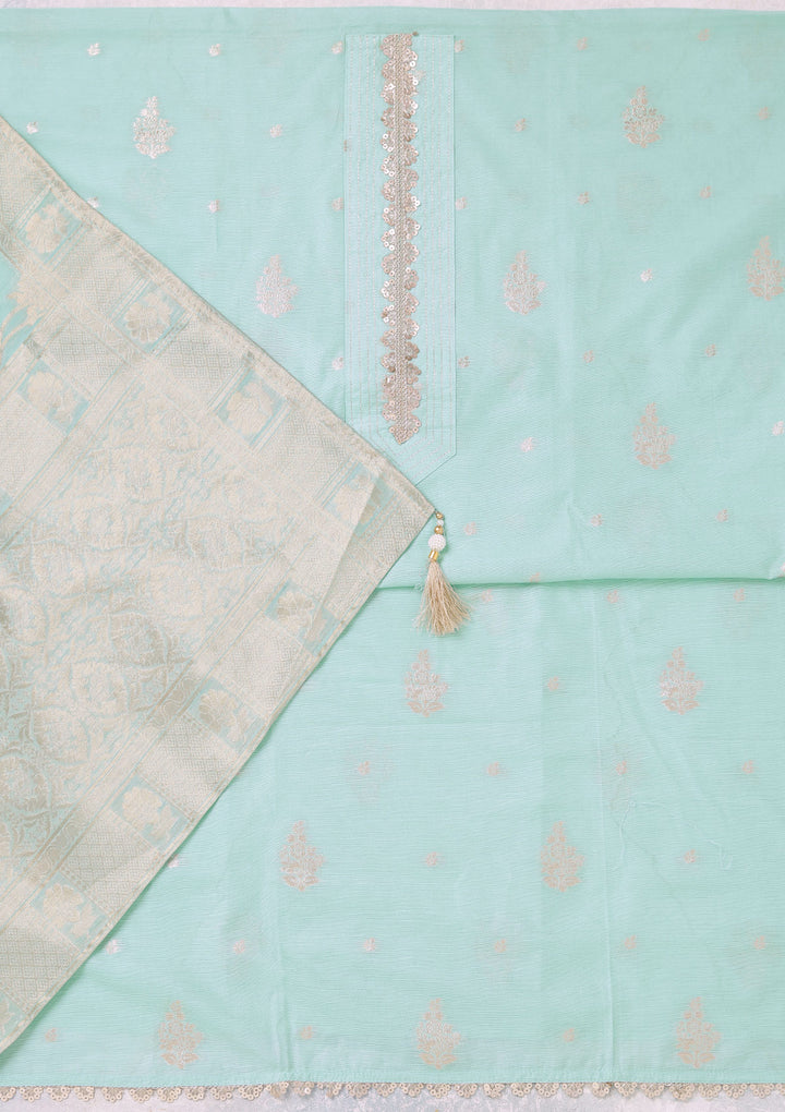 Sea Green Chanderi Gold Zariwork Unstitched Dress Material With Matching Bottom And Dupatta