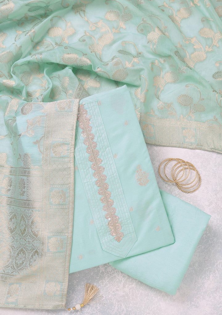 Sea Green Chanderi Gold Zariwork Unstitched Dress Material With Matching Bottom And Dupatta