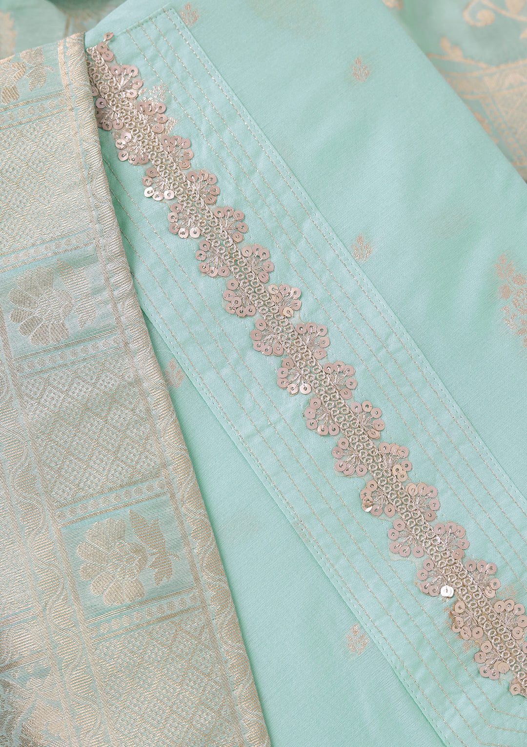 Sea Green Chanderi Gold Zariwork Unstitched Dress Material With Matching Bottom And Dupatta