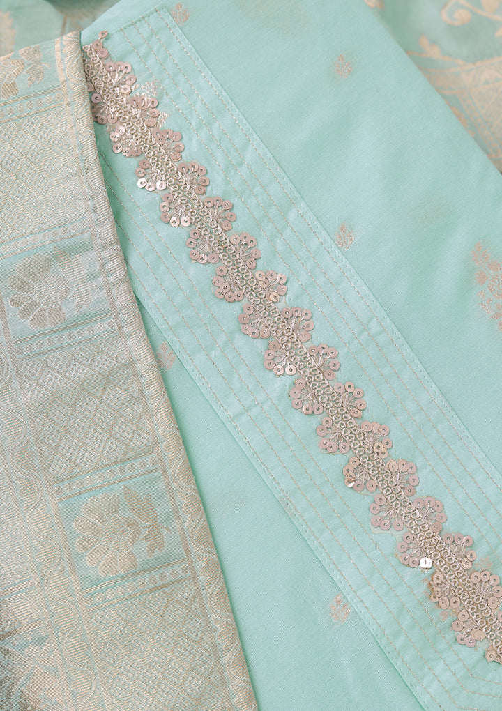 Sea Green Chanderi Gold Zariwork Unstitched Dress Material With Matching Bottom And Dupatta