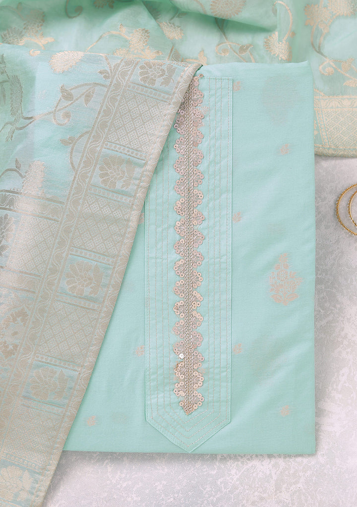 Sea Green Chanderi Gold Zariwork Unstitched Dress Material With Matching Bottom And Dupatta