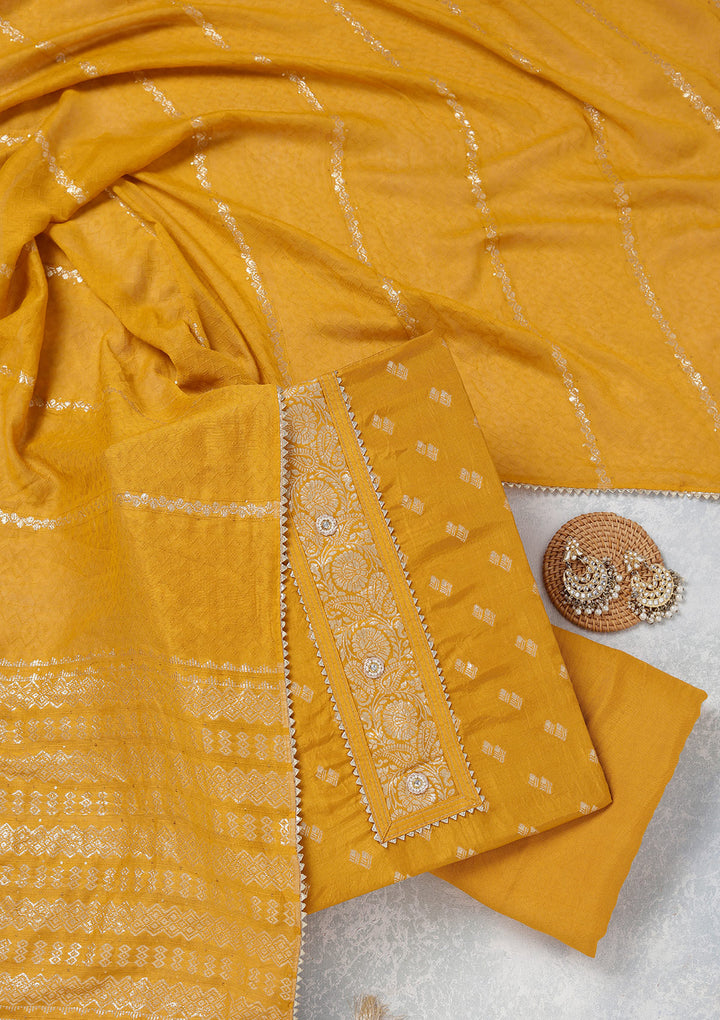Mustard Yellow Dola Silk Gold Zariwork Unstitched Dress Material With Matching Bottom And Dupatta