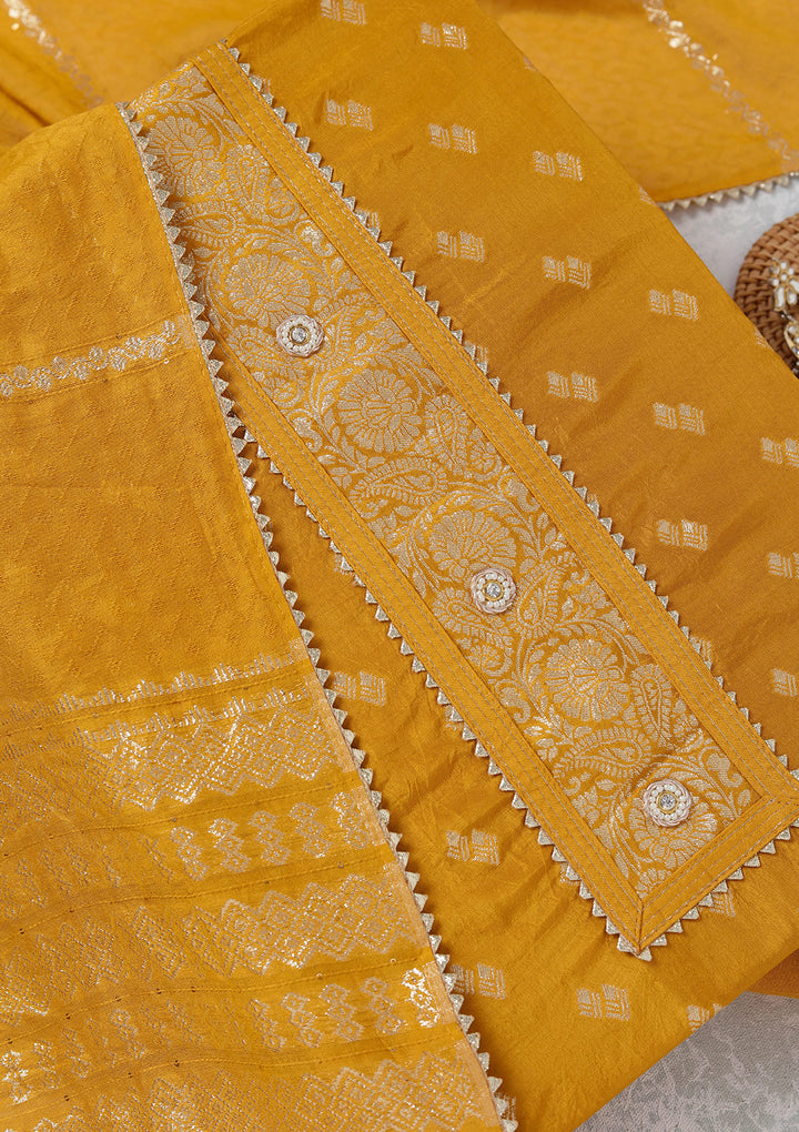 Mustard Yellow Dola Silk Gold Zariwork Unstitched Dress Material With Matching Bottom And Dupatta