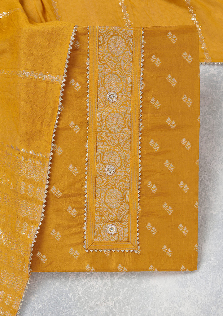 Mustard Yellow Dola Silk Gold Zariwork Unstitched Dress Material With Matching Bottom And Dupatta