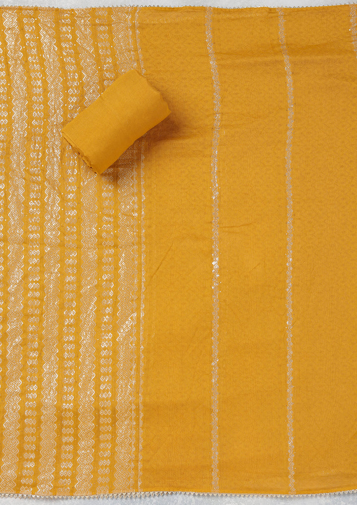 Mustard Yellow Dola Silk Gold Zariwork Unstitched Dress Material With Matching Bottom And Dupatta