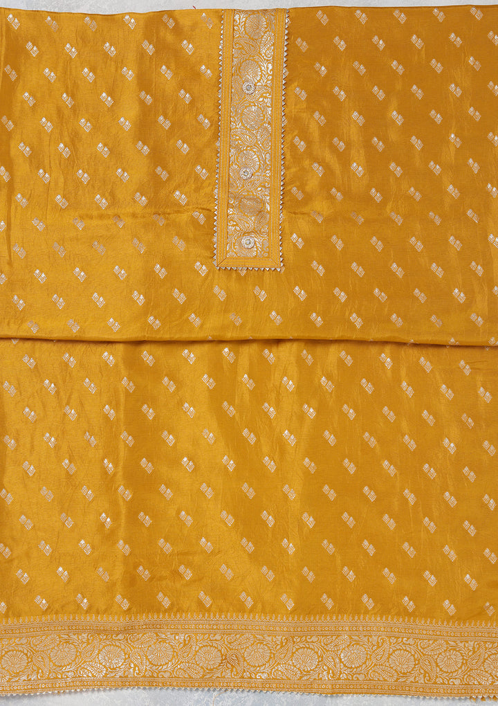 Mustard Yellow Dola Silk Gold Zariwork Unstitched Dress Material With Matching Bottom And Dupatta