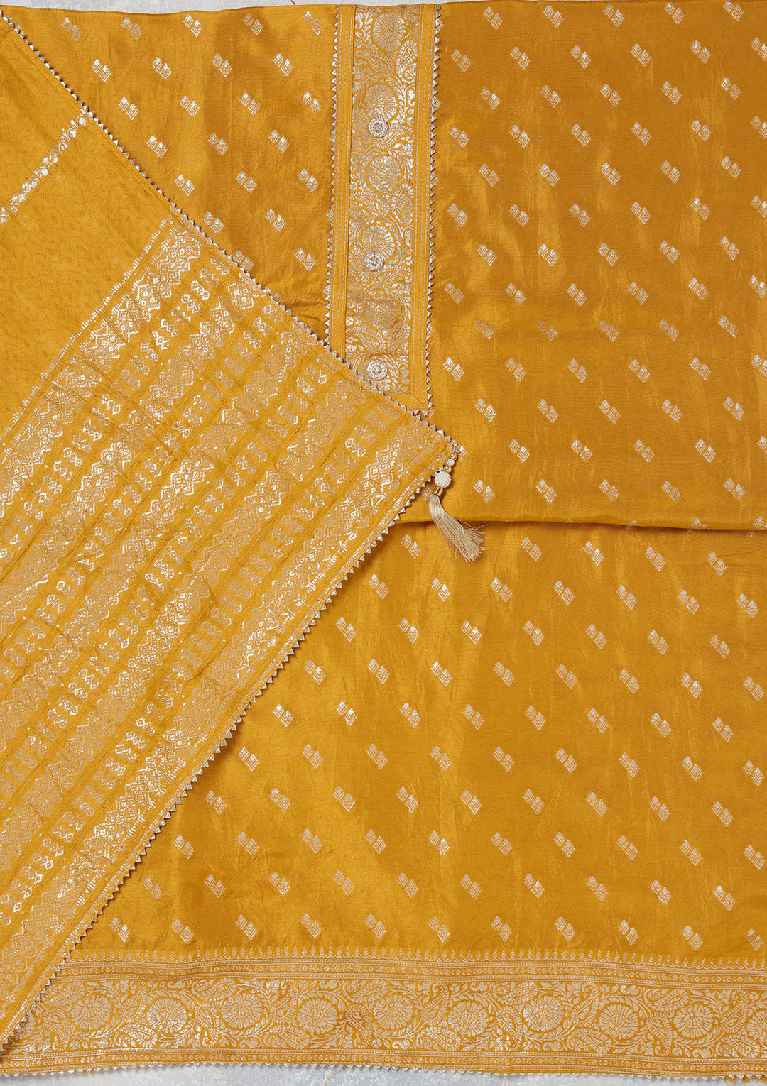 Mustard Yellow Dola Silk Gold Zariwork Unstitched Dress Material With Matching Bottom And Dupatta