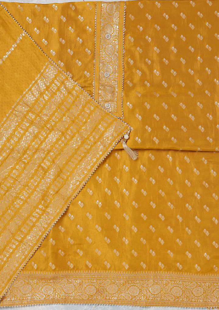 Mustard Yellow Dola Silk Gold Zariwork Unstitched Dress Material With Matching Bottom And Dupatta