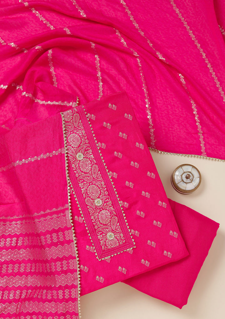 Rani Pink Dola Silk Gold Zariwork Unstitched Dress Material With Matching Bottom And Dupatta