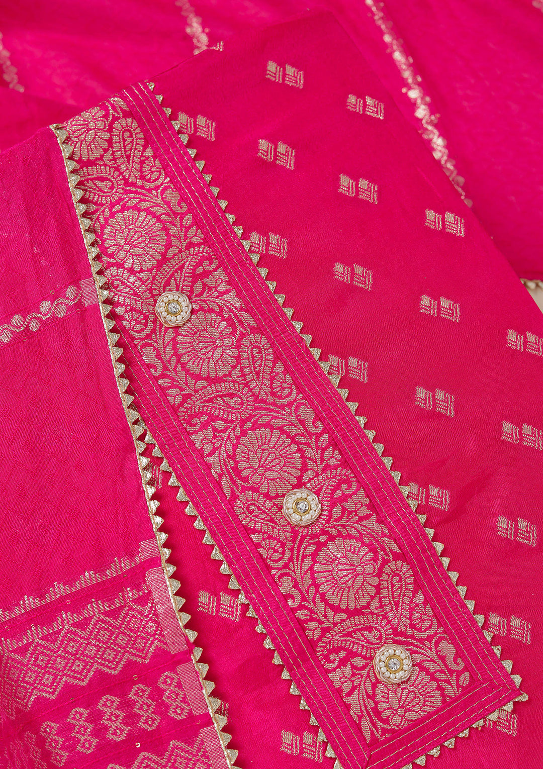 Rani Pink Dola Silk Gold Zariwork Unstitched Dress Material With Matching Bottom And Dupatta