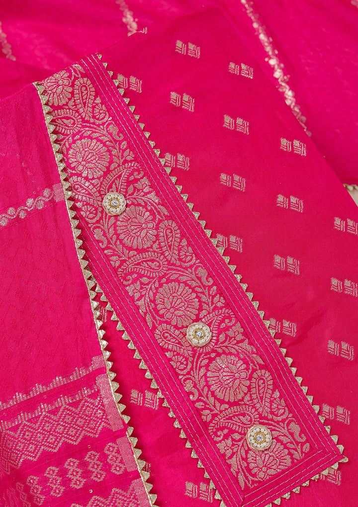 Rani Pink Dola Silk Gold Zariwork Unstitched Dress Material With Matching Bottom And Dupatta