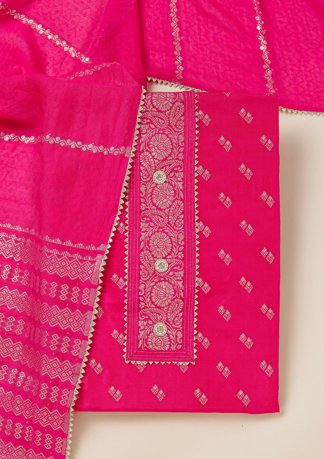 Rani Pink Dola Silk Gold Zariwork Unstitched Dress Material With Matching Bottom And Dupatta