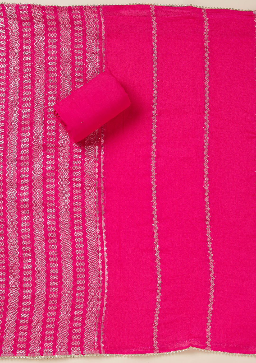 Rani Pink Dola Silk Gold Zariwork Unstitched Dress Material With Matching Bottom And Dupatta